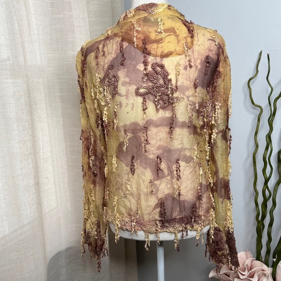 Sandy Starkman Tassle Applique Blouse Button Front Women's Size Medium Brown/Tan - Picture 2 of 9